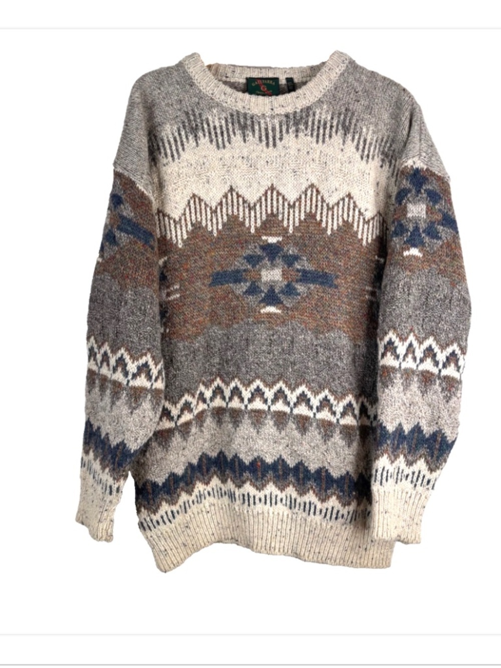 VTG Gaeltarra Ireland 100% Wool Sweater L Made in Ireland Beige Geometric Nordic